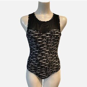 Nip Tuck Bond-Eye Sound Waves Black High-Neck Mesh One PC Swimsuit Womens SZ 6